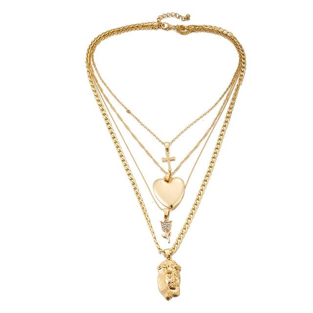 Multi-layer Heart Cross PendantGold Chain Rose Crystal Stone Men Head Women Jewelry