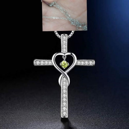 Infinity Love God We Trust Christian Cross Birthstone Crystal Pendant Necklace Colour Gems Zircon Heart Necklace Women Jewelry