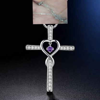 Infinity Love God We Trust Christian Cross Birthstone Crystal Pendant Necklace Colour Gems Zircon Heart Necklace Women Jewelry