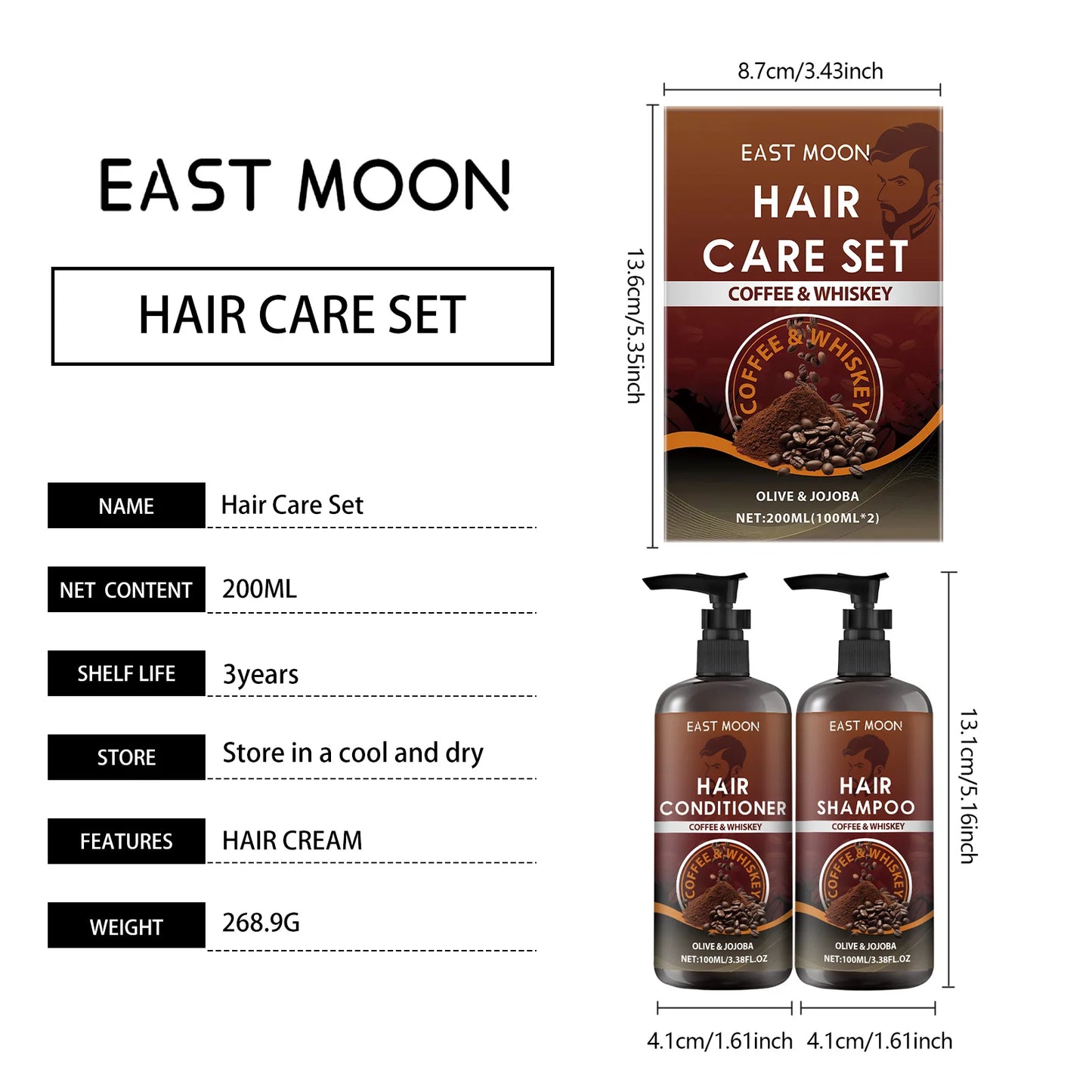 East Moon 1set Coffee Hair Care Set Whiskey Shampoo Conditioner Repair Frizz Split Ends Smooth Hair Nourish Scalp Massage Set