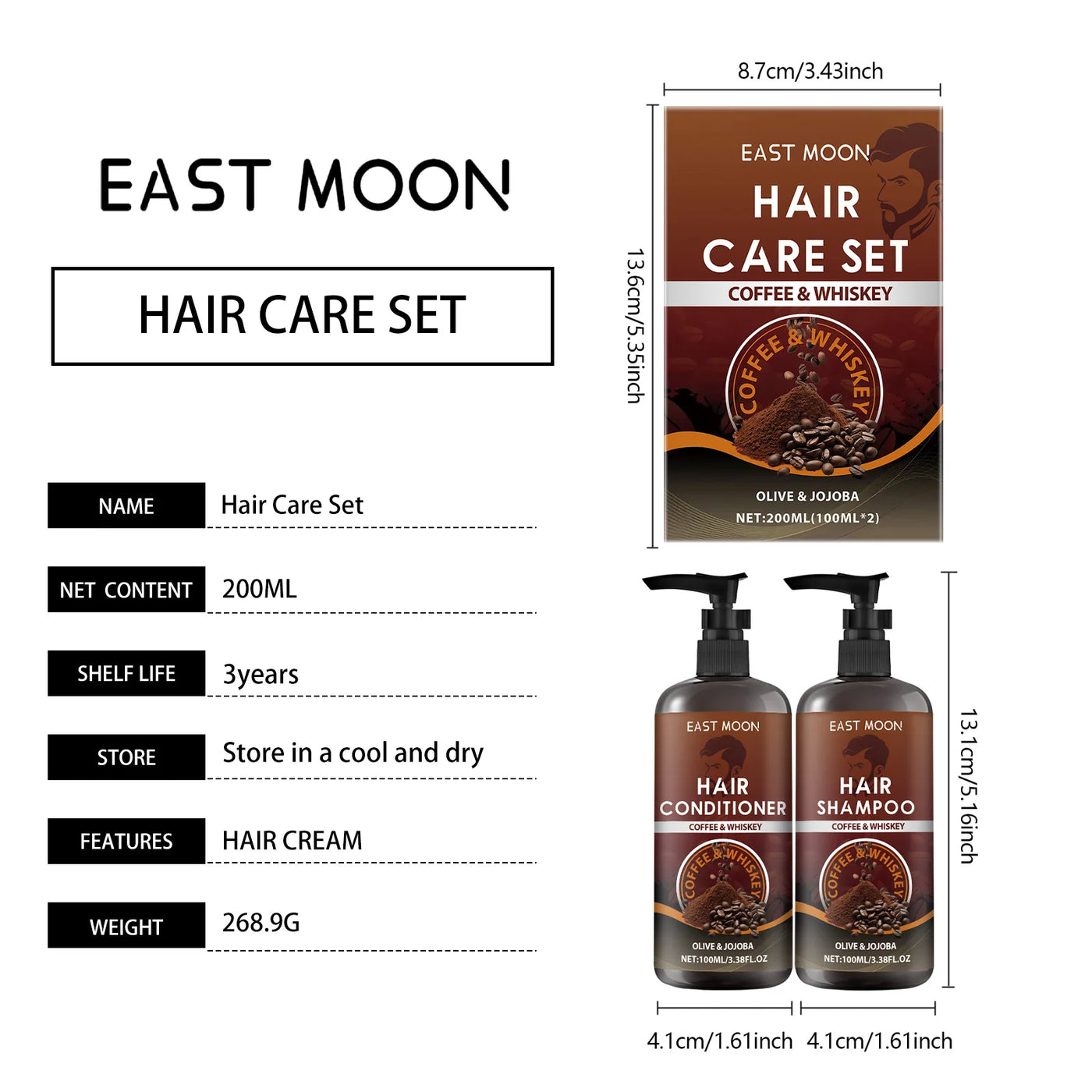 East Moon 1set Coffee Hair Care Set Whiskey Shampoo Conditioner Repair Frizz Split Ends Smooth Hair Nourish Scalp Massage Set