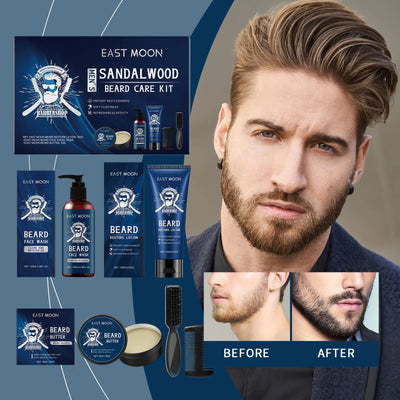 East Moon 1set Men Beard Care Kit Sandalwood Fragrance Moustache Growth Moisturizing Cleansing Improve Fluffy Beard Styling Set