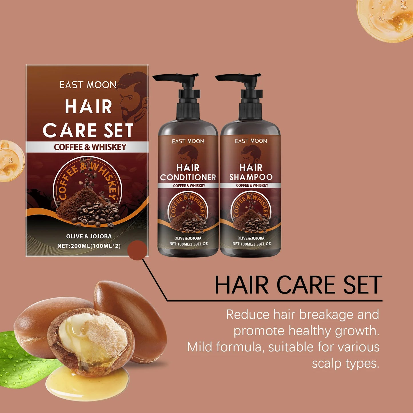 East Moon 1set Coffee Hair Care Set Whiskey Shampoo Conditioner Repair Frizz Split Ends Smooth Hair Nourish Scalp Massage Set