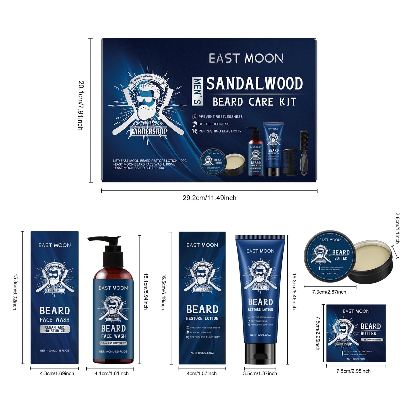 East Moon 1set Men Beard Care Kit Sandalwood Fragrance Moustache Growth Moisturizing Cleansing Improve Fluffy Beard Styling Set