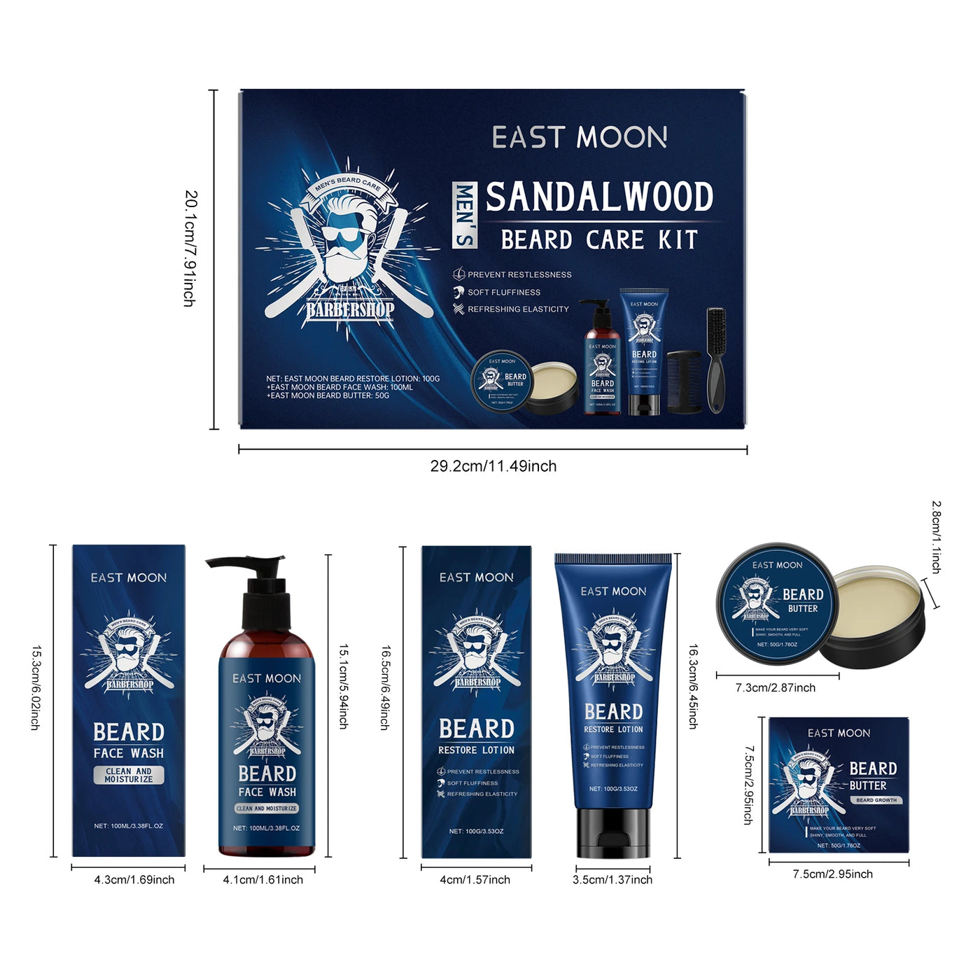 East Moon 1set Men Beard Care Kit Sandalwood Fragrance Moustache Growth Moisturizing Cleansing Improve Fluffy Beard Styling Set