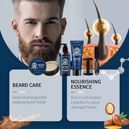 East Moon 1set Men Beard Care Kit Sandalwood Fragrance Moustache Growth Moisturizing Cleansing Improve Fluffy Beard Styling Set
