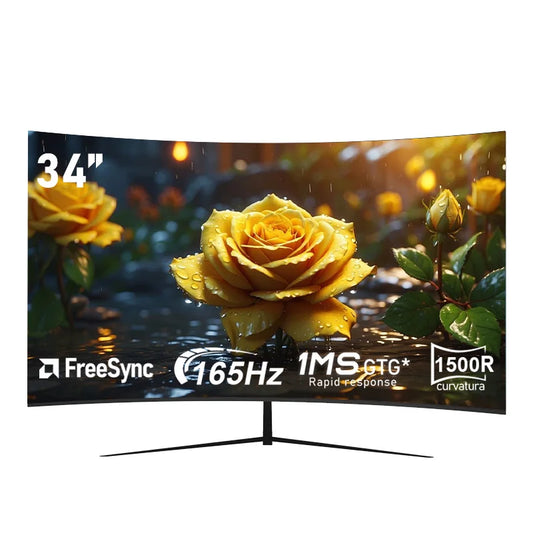 A 34-inch ultra-large curved gaming monitor with 4K HD picture quality, a 165Hz high refresh rate, and a 1500R curvature.