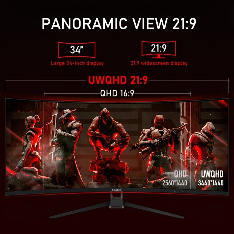 A 34-inch ultra-large curved gaming monitor with 4K HD picture quality, a 165Hz high refresh rate, and a 1500R curvature.