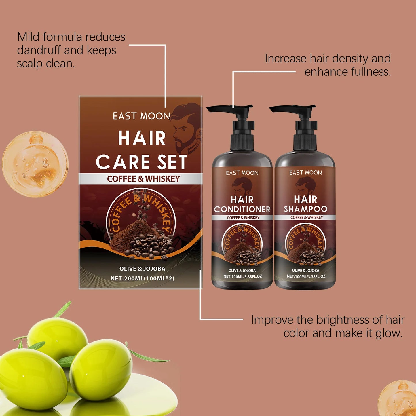 East Moon 1set Coffee Hair Care Set Whiskey Shampoo Conditioner Repair Frizz Split Ends Smooth Hair Nourish Scalp Massage Set