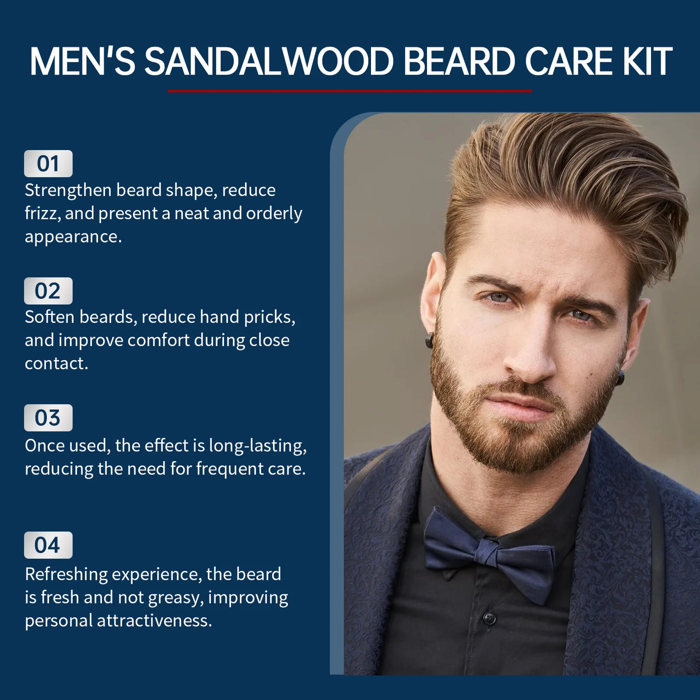 East Moon 1set Men Beard Care Kit Sandalwood Fragrance Moustache Growth Moisturizing Cleansing Improve Fluffy Beard Styling Set