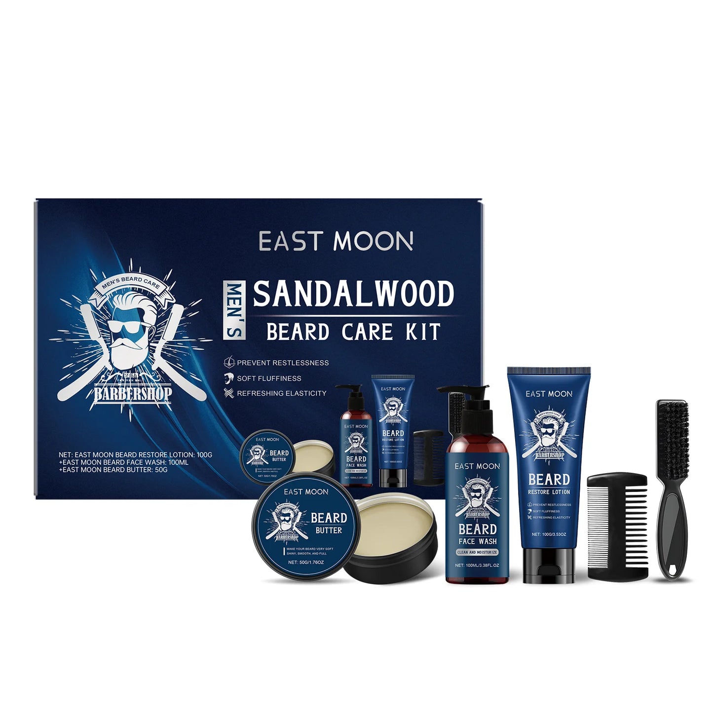 East Moon 1set Men Beard Care Kit Sandalwood Fragrance Moustache Growth Moisturizing Cleansing Improve Fluffy Beard Styling Set