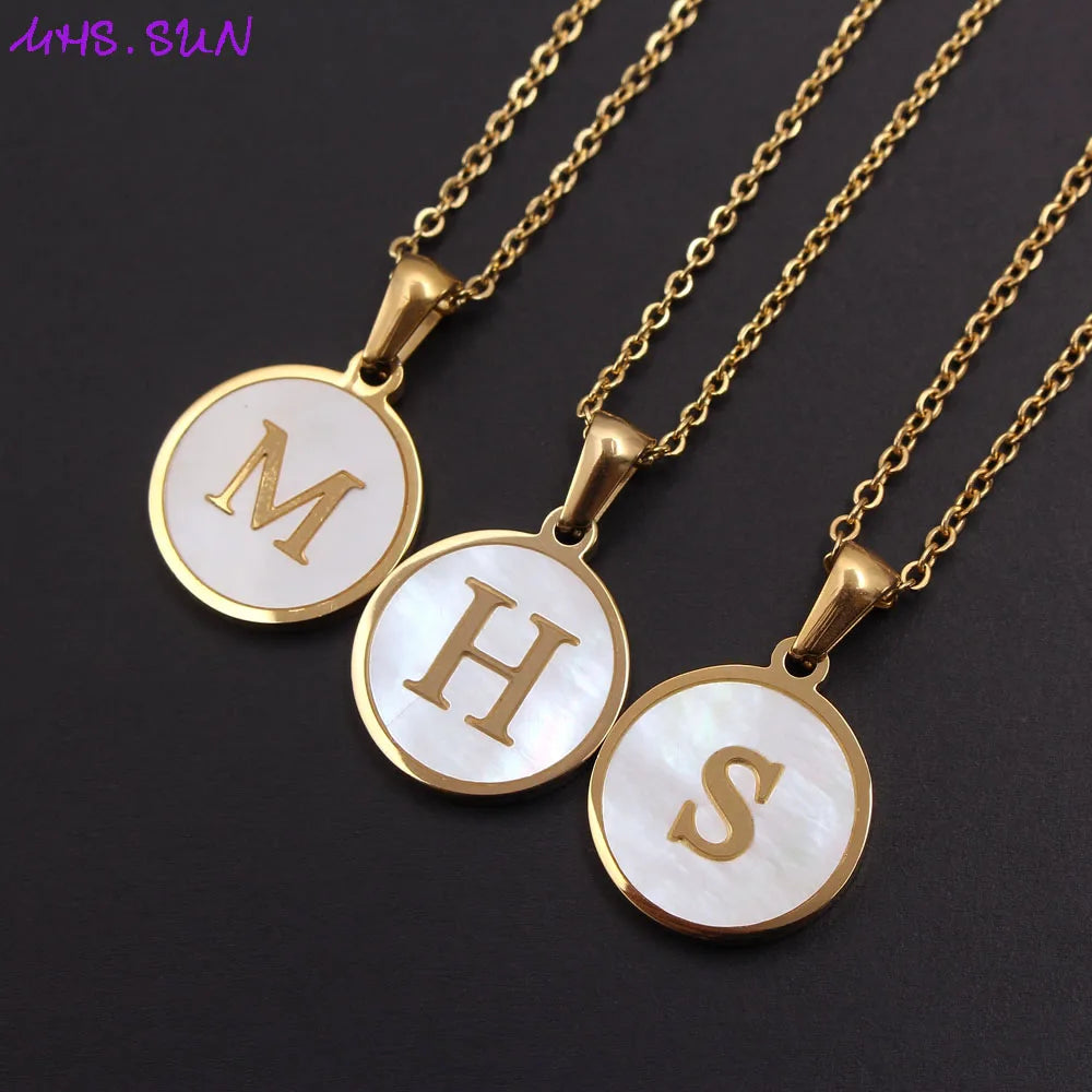 MHS.SUN Round Gold Color Initial Letter Necklace Shell Circle Pendant Necklaces For Women Men Stainless Steel Chain Jewelry Gift