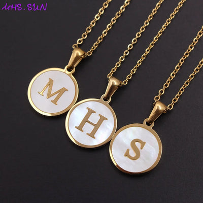 MHS.SUN Round Gold Color Initial Letter Necklace Shell Circle Pendant Necklaces For Women Men Stainless Steel Chain Jewelry Gift
