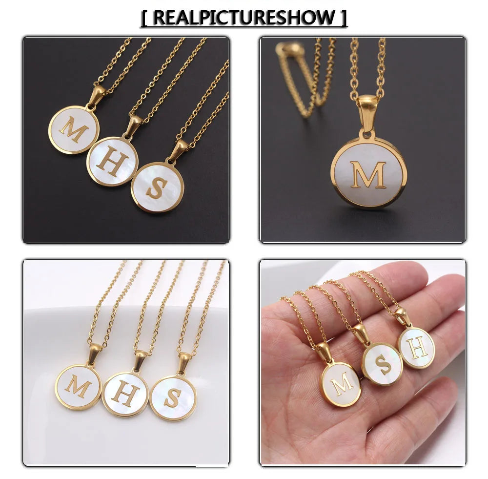 MHS.SUN Round Gold Color Initial Letter Necklace Shell Circle Pendant Necklaces For Women Men Stainless Steel Chain Jewelry Gift