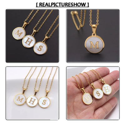 MHS.SUN Round Gold Color Initial Letter Necklace Shell Circle Pendant Necklaces For Women Men Stainless Steel Chain Jewelry Gift