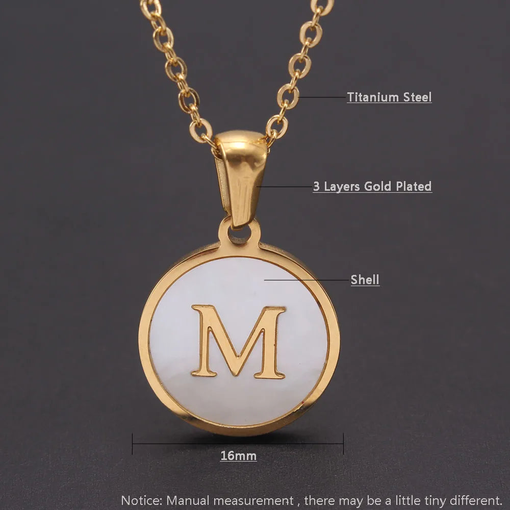 MHS.SUN Round Gold Color Initial Letter Necklace Shell Circle Pendant Necklaces For Women Men Stainless Steel Chain Jewelry Gift