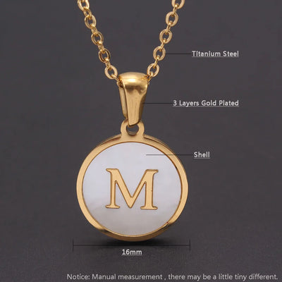 MHS.SUN Round Gold Color Initial Letter Necklace Shell Circle Pendant Necklaces For Women Men Stainless Steel Chain Jewelry Gift