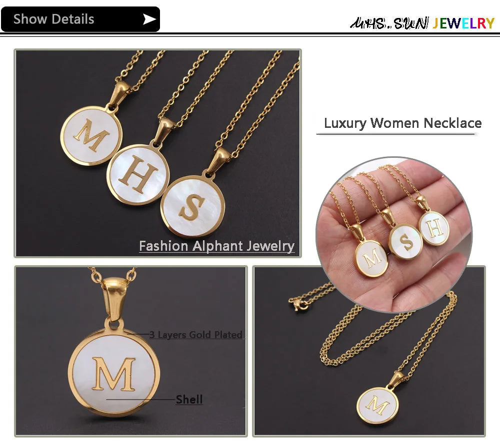MHS.SUN Round Gold Color Initial Letter Necklace Shell Circle Pendant Necklaces For Women Men Stainless Steel Chain Jewelry Gift