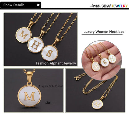 MHS.SUN Round Gold Color Initial Letter Necklace Shell Circle Pendant Necklaces For Women Men Stainless Steel Chain Jewelry Gift