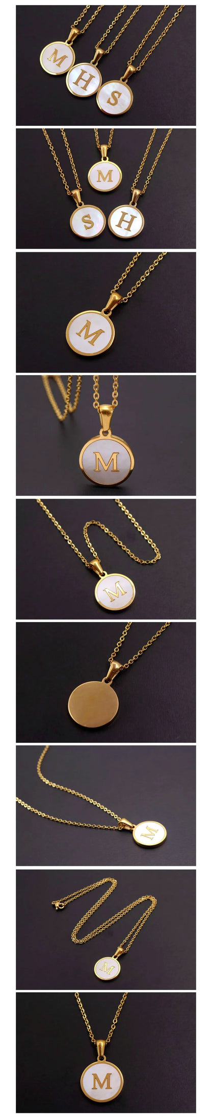 MHS.SUN Round Gold Color Initial Letter Necklace Shell Circle Pendant Necklaces For Women Men Stainless Steel Chain Jewelry Gift