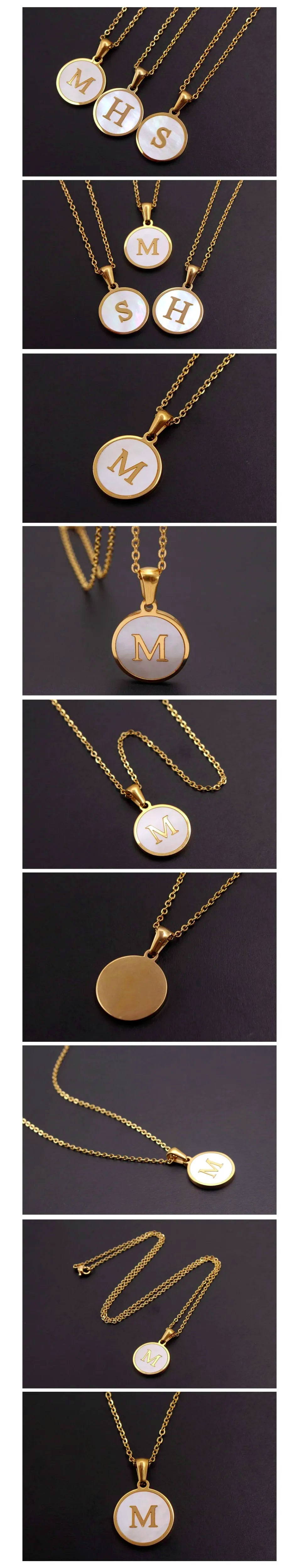 MHS.SUN Round Gold Color Initial Letter Necklace Shell Circle Pendant Necklaces For Women Men Stainless Steel Chain Jewelry Gift