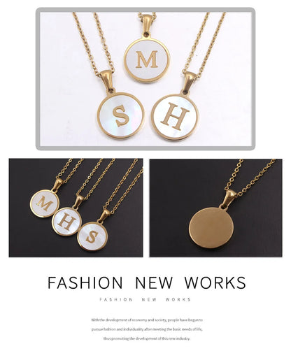 MHS.SUN Round Gold Color Initial Letter Necklace Shell Circle Pendant Necklaces For Women Men Stainless Steel Chain Jewelry Gift