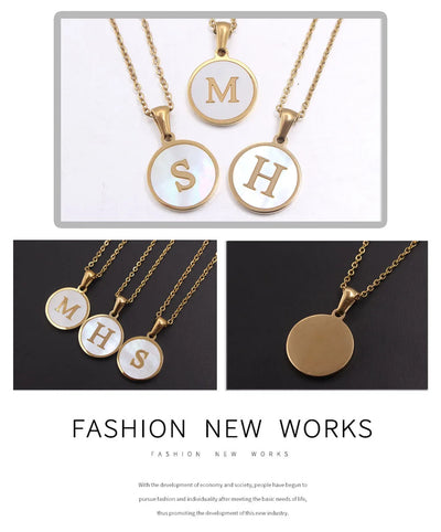 MHS.SUN Round Gold Color Initial Letter Necklace Shell Circle Pendant Necklaces For Women Men Stainless Steel Chain Jewelry Gift