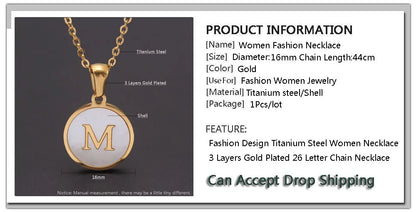 MHS.SUN Round Gold Color Initial Letter Necklace Shell Circle Pendant Necklaces For Women Men Stainless Steel Chain Jewelry Gift