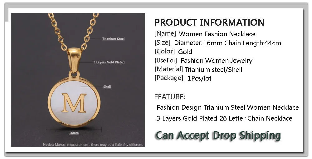 MHS.SUN Round Gold Color Initial Letter Necklace Shell Circle Pendant Necklaces For Women Men Stainless Steel Chain Jewelry Gift