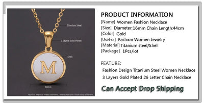 MHS.SUN Round Gold Color Initial Letter Necklace Shell Circle Pendant Necklaces For Women Men Stainless Steel Chain Jewelry Gift