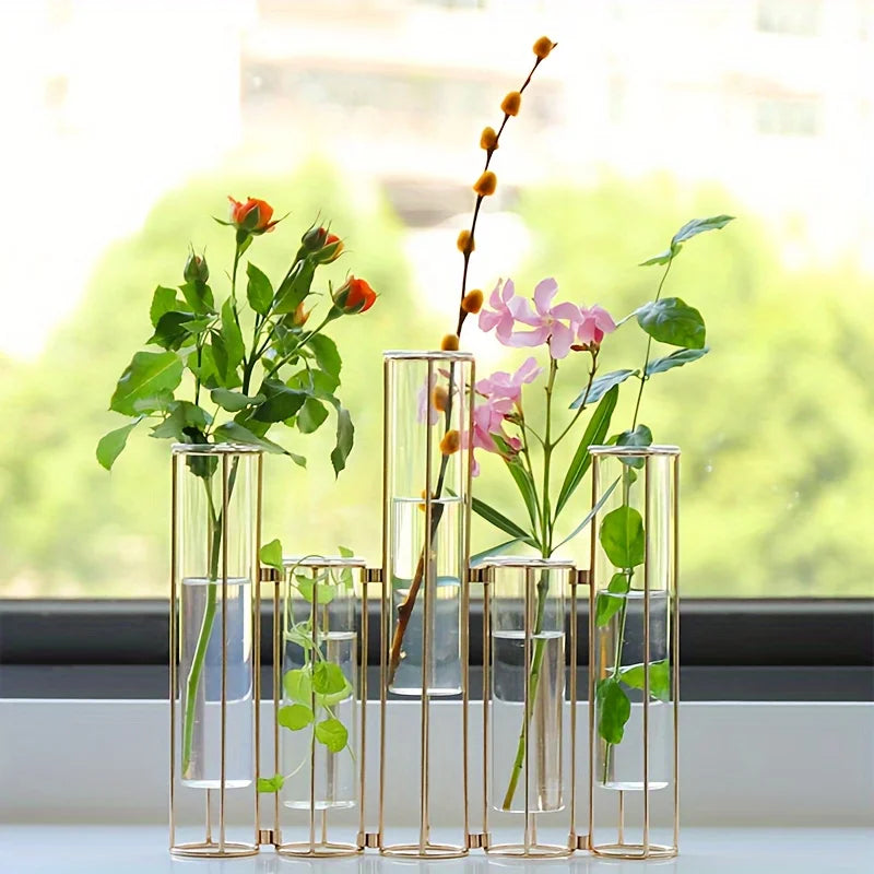 Test Tube Vase with 5 Test Tubes, Gold Vase for Centerpiece, Gold Vase with Metal Stand, Glass Vase for Wedding Home Decoration