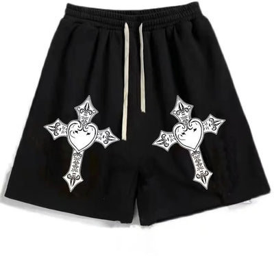 Street Hip-hop Cross Design Pattern Loose Casual Shorts Men American Y2K Harajuku Oversized Fashion Versatile Mid-pants Women