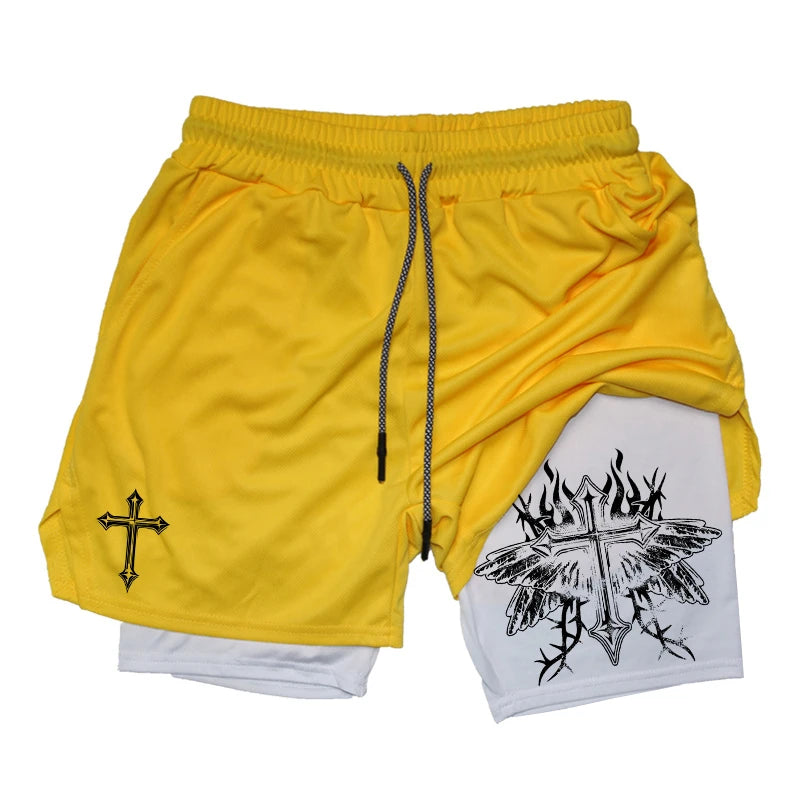 Graphic 2 in 1 Workout Running Shorts for Men Christian Athletic Performance Shorts with Phone Pocket Towel Loop Gym Outfits