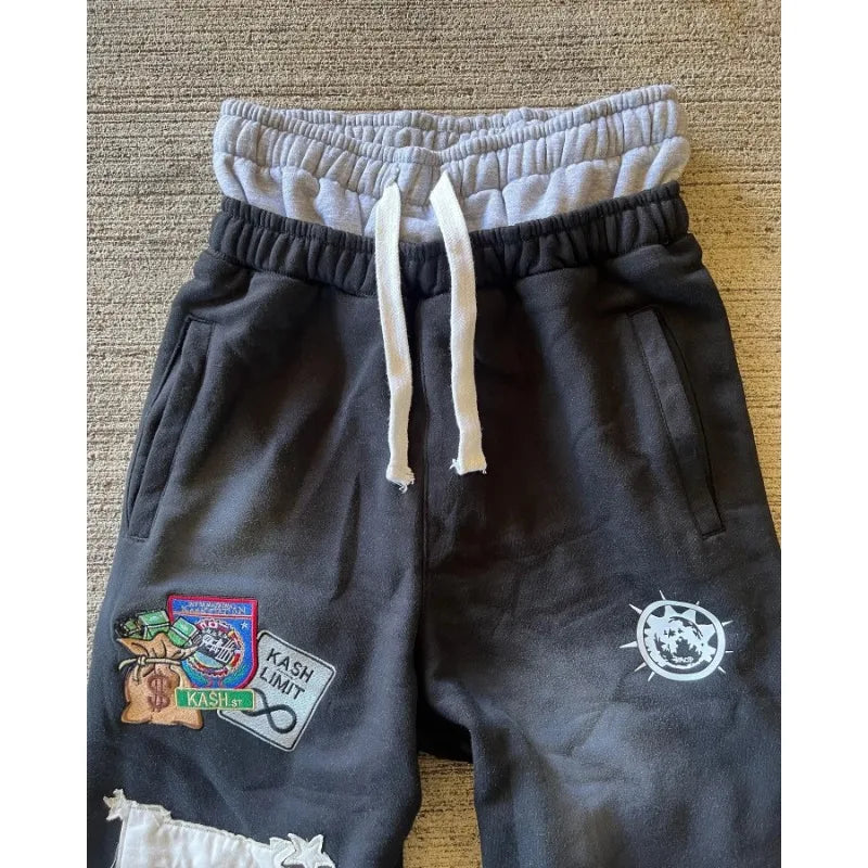 American Sweatpants Y2K Pants Men Gothic Hip Hop Letter Patch Retro Double Layer Design Baggy Elastic Waist Jogging Casual Pants