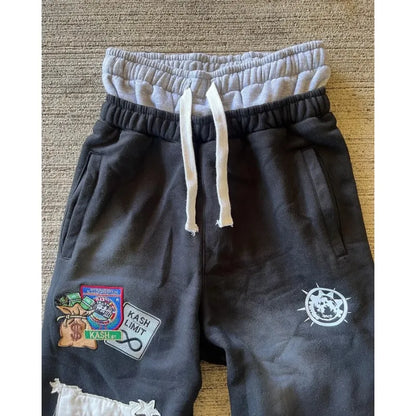 American Sweatpants Y2K Pants Men Gothic Hip Hop Letter Patch Retro Double Layer Design Baggy Elastic Waist Jogging Casual Pants