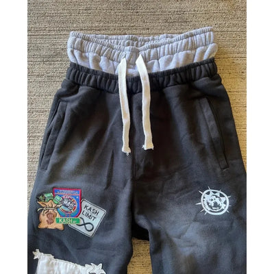 American Sweatpants Y2K Pants Men Gothic Hip Hop Letter Patch Retro Double Layer Design Baggy Elastic Waist Jogging Casual Pants