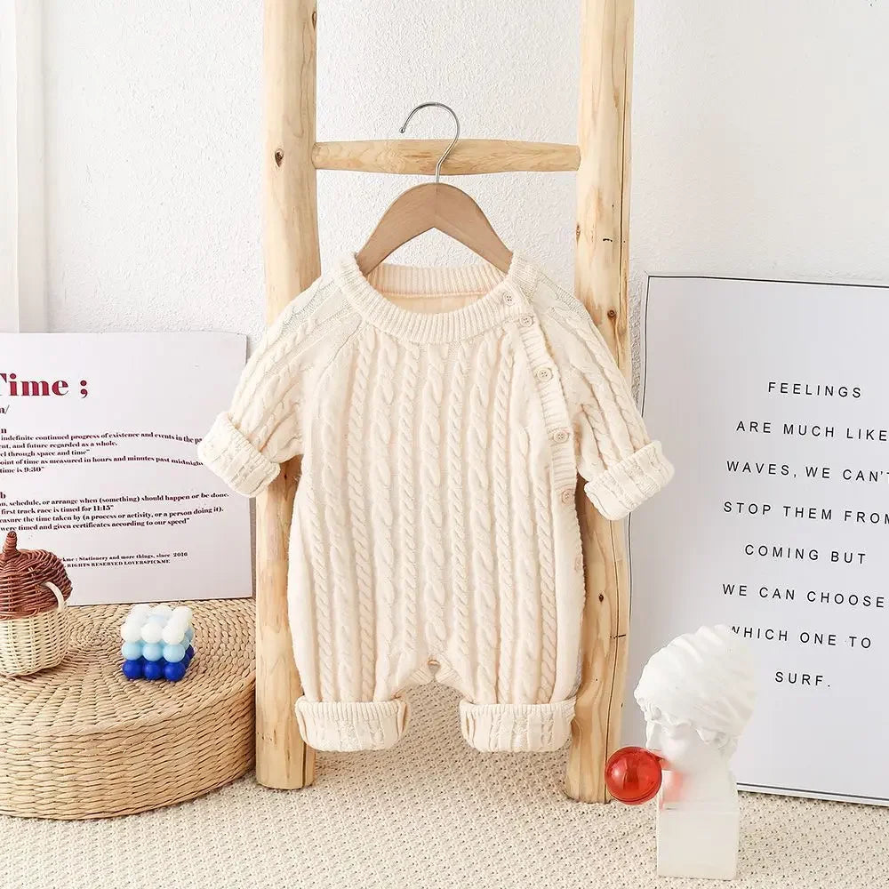 Toddler Baby Clothes Cable Romper 0-24M Newborn Boys Girls Warm Knitted Onesie Elastic Cuff Button Side Autumn Casual Jumpsuit