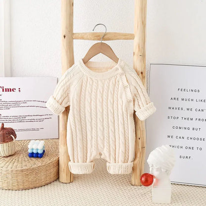 Toddler Baby Clothes Cable Romper 0-24M Newborn Boys Girls Warm Knitted Onesie Elastic Cuff Button Side Autumn Casual Jumpsuit