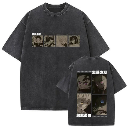 Washed Vintage Anime Demon Slayer Akaza Butterfly Eyes Graphic T Shirts Men Women Cartoon Manga Merch T-shirt Male Cotton Tshirt