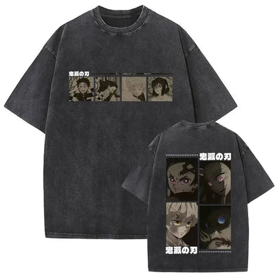 Washed Vintage Anime Demon Slayer Akaza Butterfly Eyes Graphic T Shirts Men Women Cartoon Manga Merch T-shirt Male Cotton Tshirt