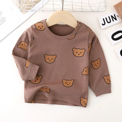 0-3Y High Waist Unisex Baby Pajama Suit Toddler Boys Cute Bear Sleep Wear Infant Pajama Girls Cartoon Print Night Wear