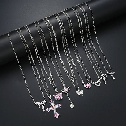9 Pcs Women's Elegant Zircon Pendants Necklace Set Fashion Pink Color Cross Butterfly Heart Bowknot Necklaces Party Jewelry Gift
