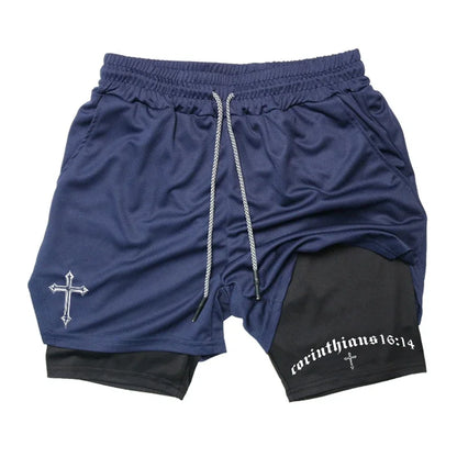 Men's BiBible patterned two-in-one sports shorts Christian fitness training mobile phone pocket running