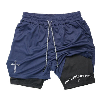 Men's BiBible patterned two-in-one sports shorts Christian fitness training mobile phone pocket running