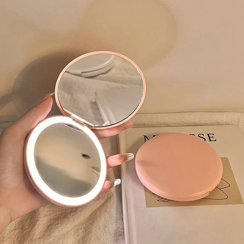 Makeup mirror portable portable small mirror with light led makeup mirror pocket mini handheld luminous folding round mirror
