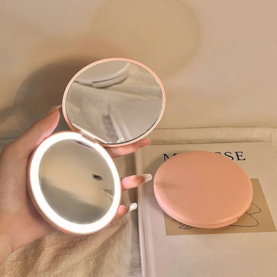 Makeup mirror portable portable small mirror with light led makeup mirror pocket mini handheld luminous folding round mirror