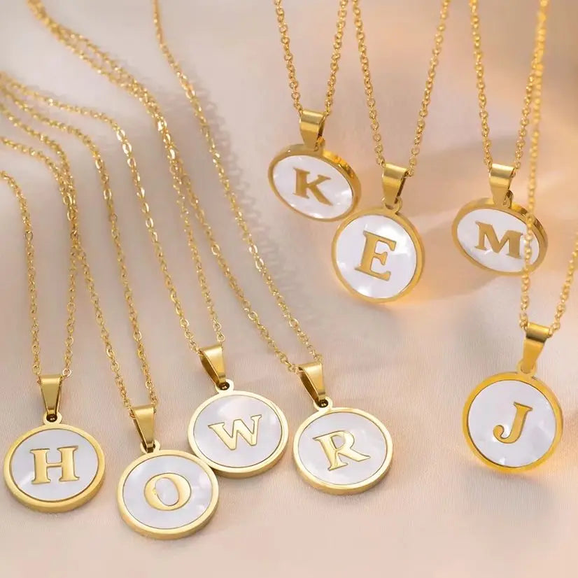 MHS.SUN Round Gold Color Initial Letter Necklace Shell Circle Pendant Necklaces For Women Men Stainless Steel Chain Jewelry Gift