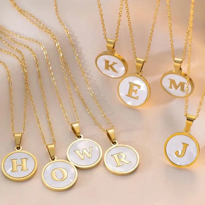 MHS.SUN Round Gold Color Initial Letter Necklace Shell Circle Pendant Necklaces For Women Men Stainless Steel Chain Jewelry Gift