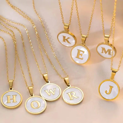 MHS.SUN Round Gold Color Initial Letter Necklace Shell Circle Pendant Necklaces For Women Men Stainless Steel Chain Jewelry Gift
