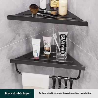 Bathroom Stainless Triangle Drain Shelf No Drilling Wall Mounted Cosmetic and Toiletries Carbon Steel Shelf with Hooks Holder